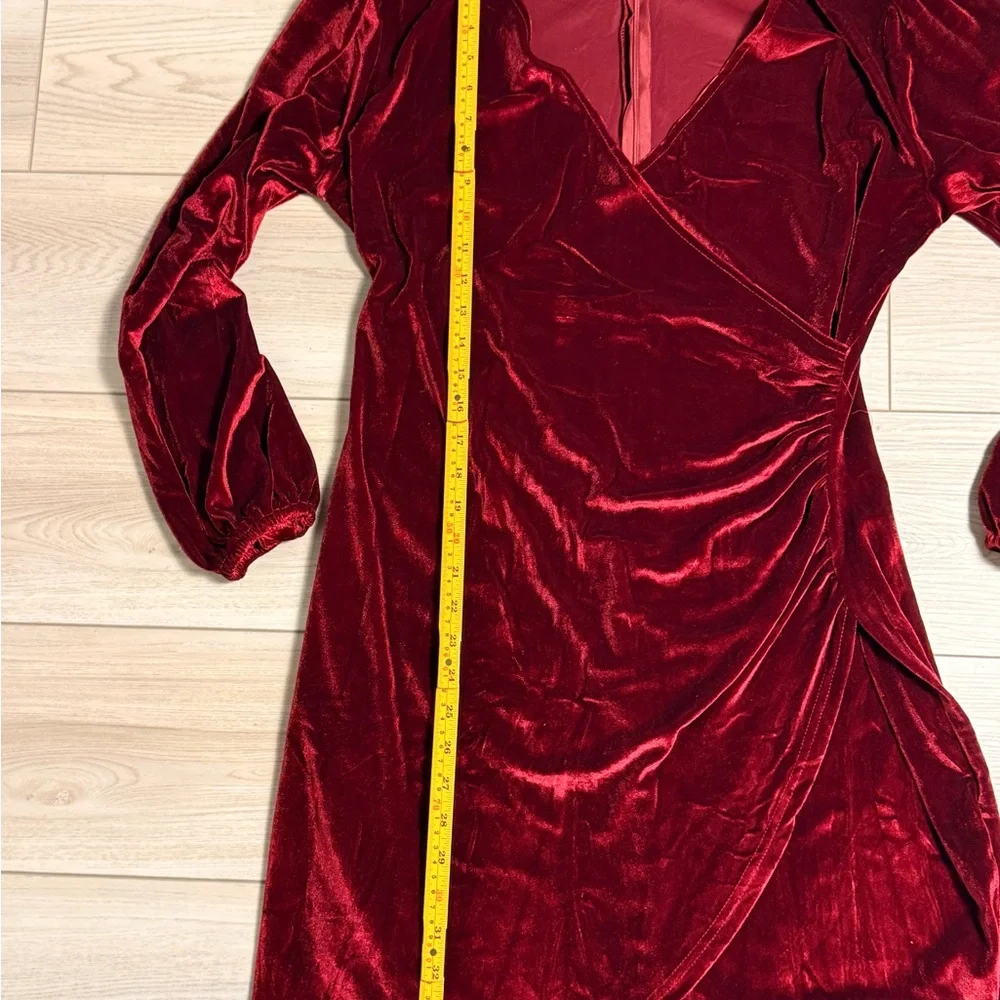 Red Velvet Wrap Mini Dress Ruched Long Sleeve Holiday Party - Picture 4 of 6